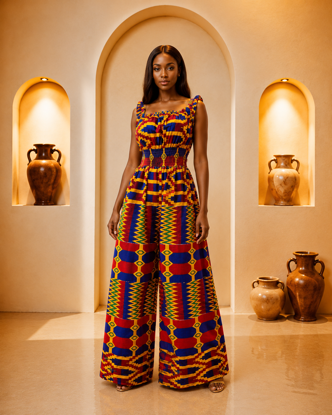 African Kente Print Smocked Jumpsuit