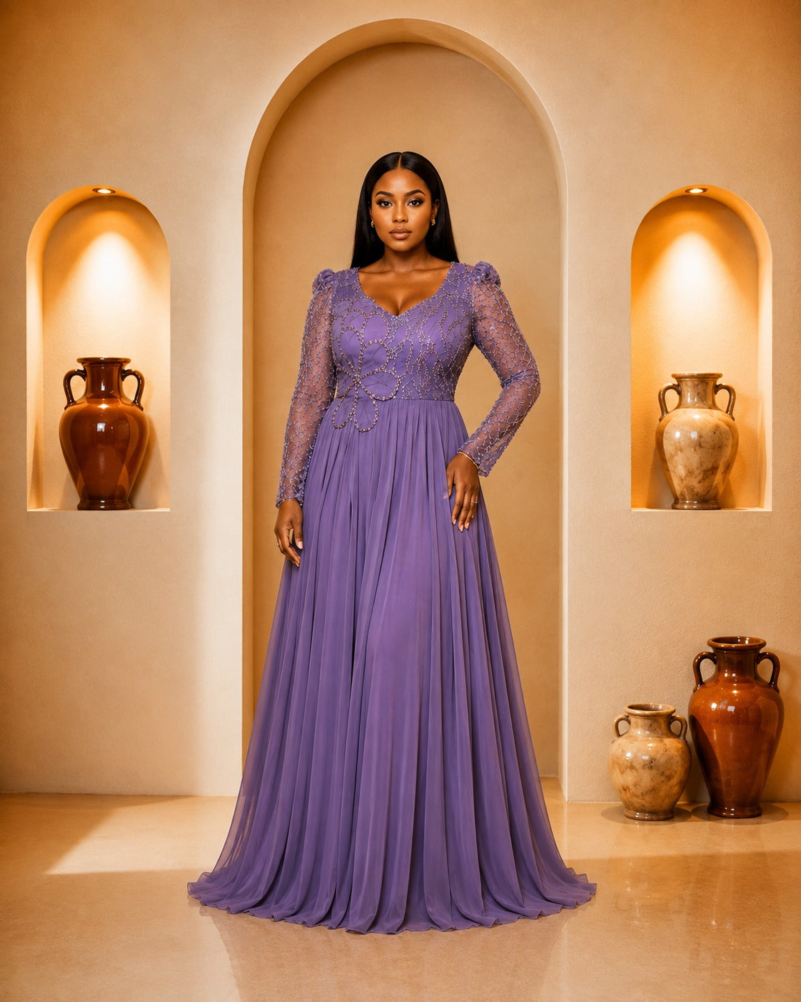 Lavender Lace A-Line Evening Gown