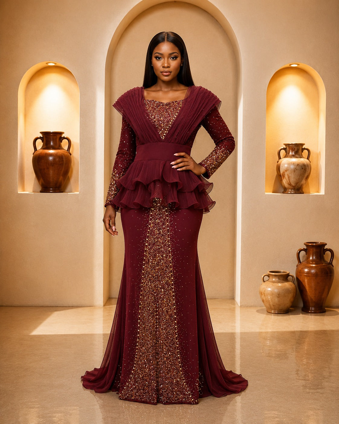 Burgundy Luxe Ruffle Peplum Mermaid Gown