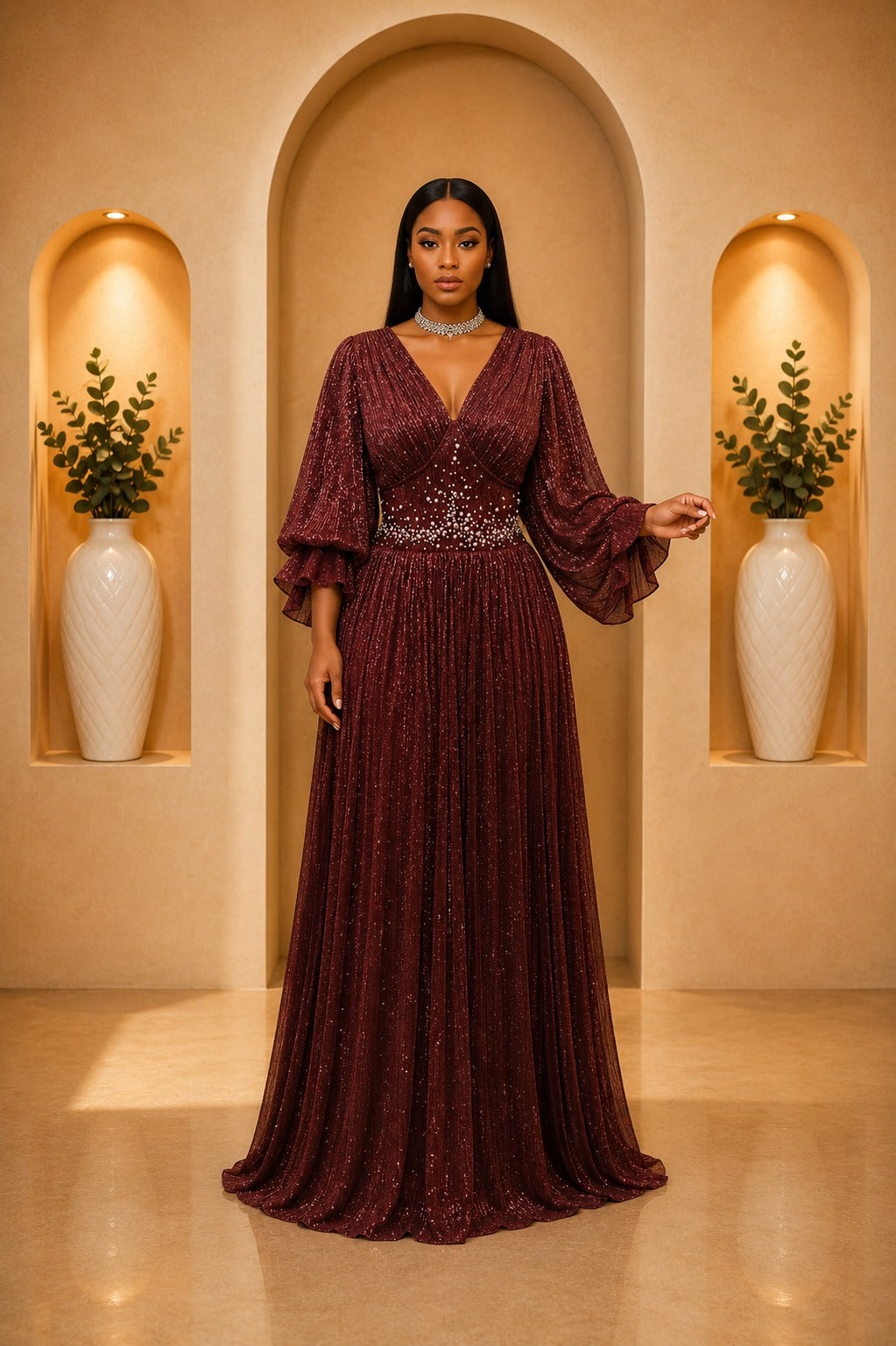 Burgundy Sparkle Pleated Maxi Gown