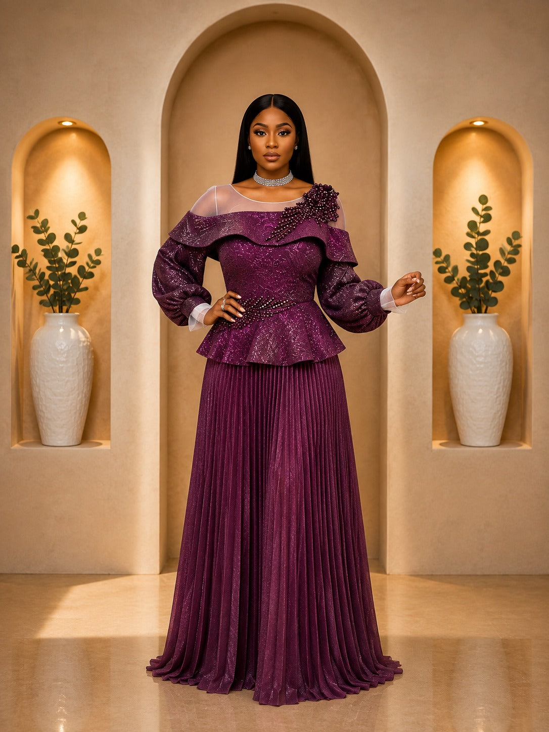 Royal Plum Off-Shoulder Peplum Pleated Gown