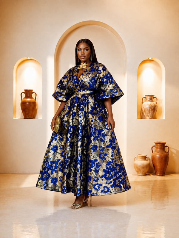 Royal Blue & Gold Floral Brocade Bell-Sleeve Gown