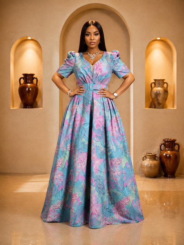 Pastel Floral Jacquard Belted Maxi Dress.