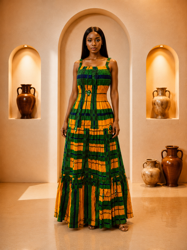Green & Gold African Print Maxi Dress