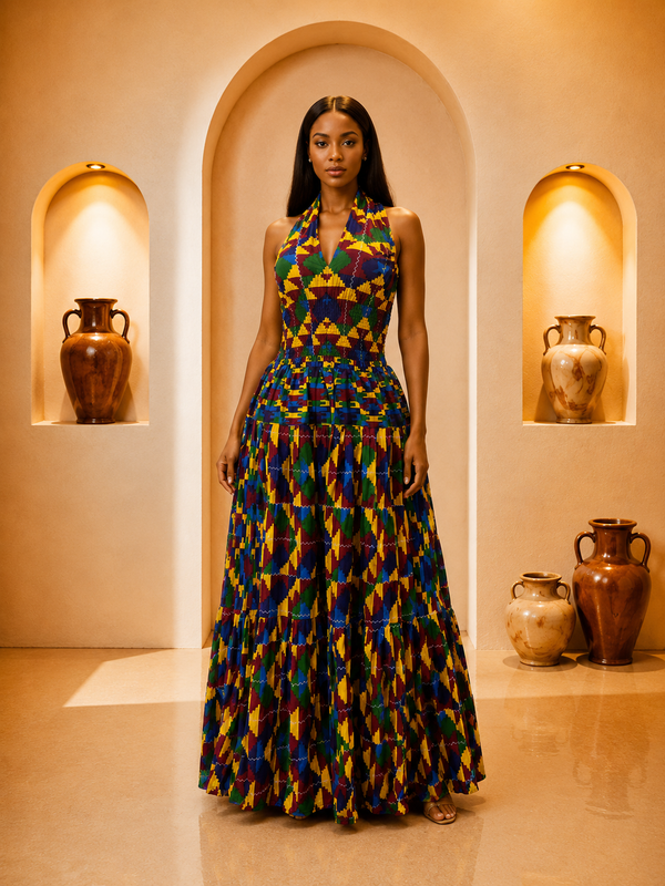 Multicolor African Print Halter Maxi Dress