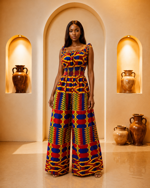 African Kente Print Smocked Jumpsuit