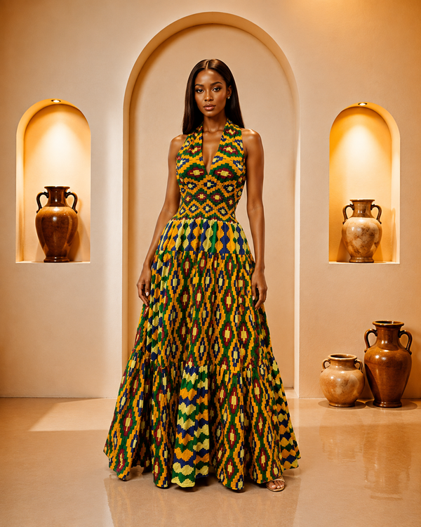 African Kente/Ikat Halter Maxi Dress