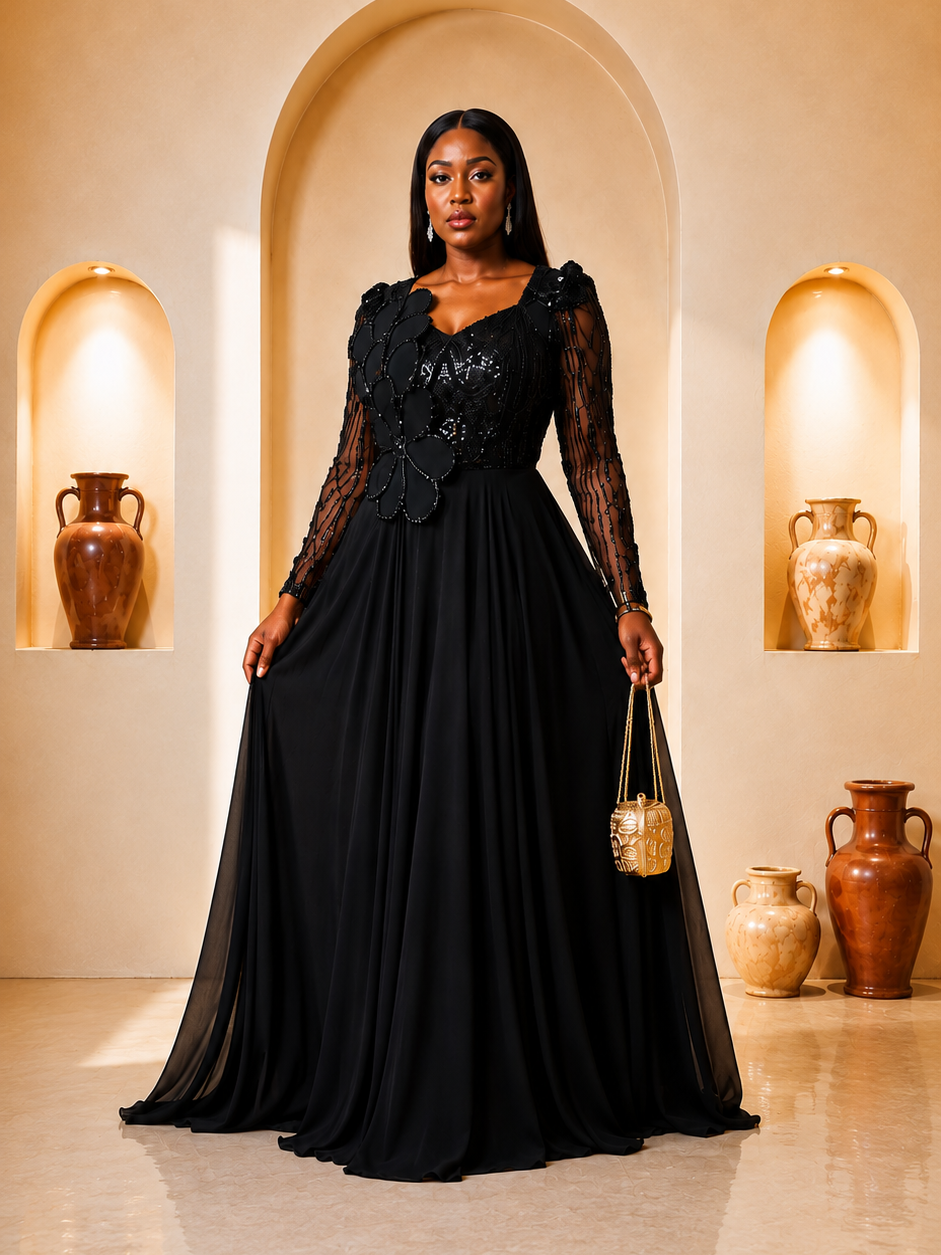 Black Lace Floral Appliqué Ball Gown