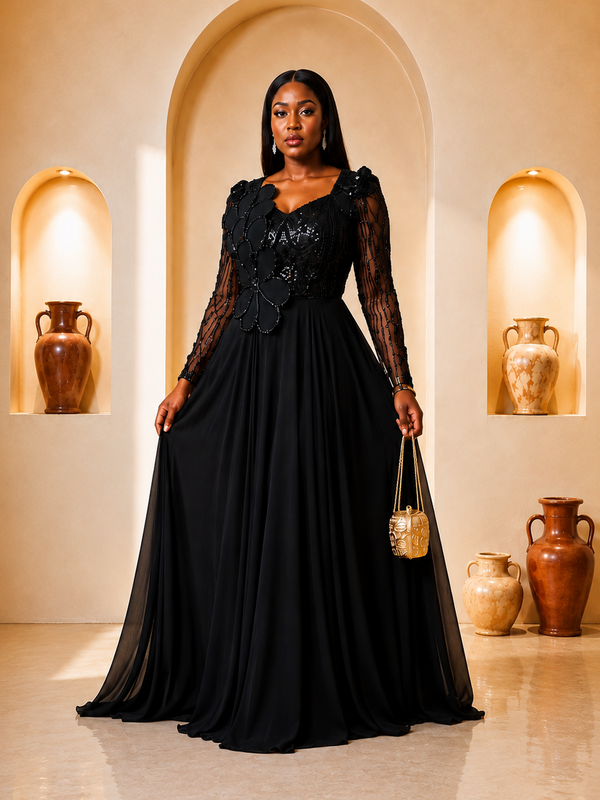 Black Lace Floral Appliqué Ball Gown