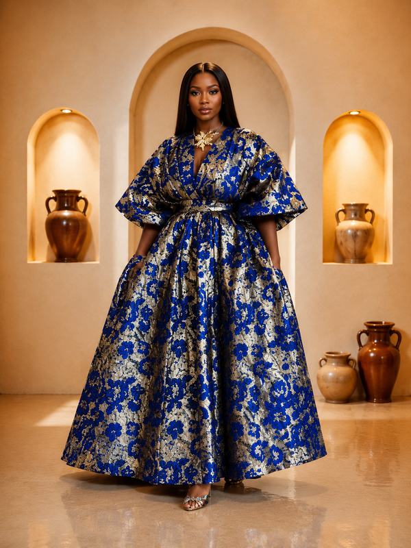 Royal Blue & Gold Brocade Ball Gown