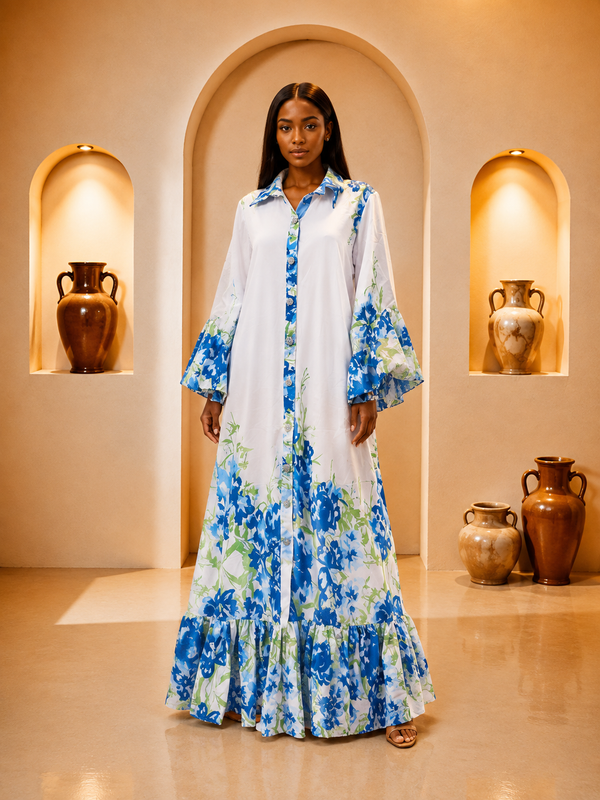 White & Blue Floral Bell-Sleeve Maxi Dress