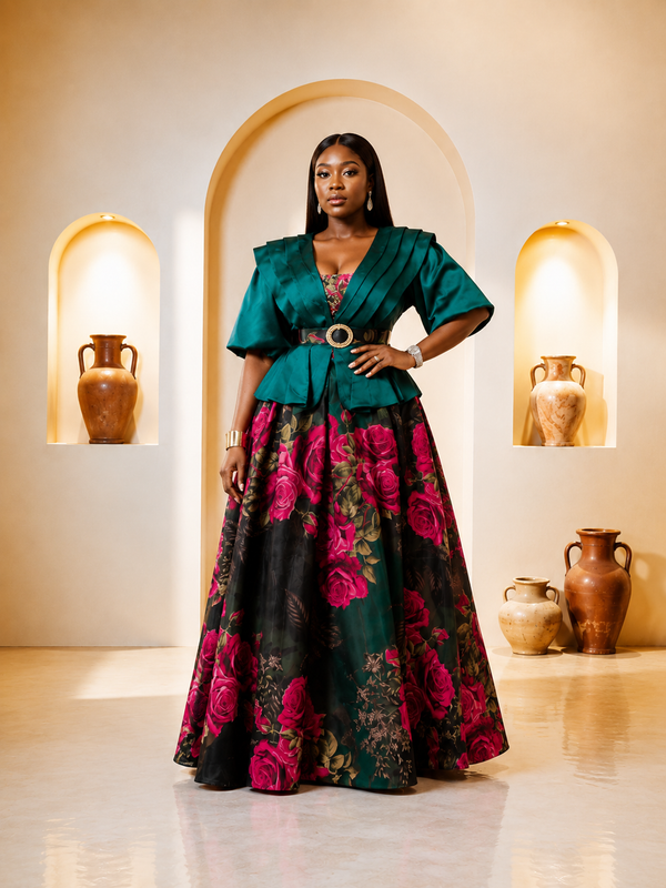 Emerald Teal Peplum Rose-Print Maxi Gown