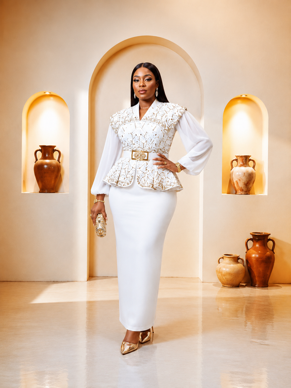 White & Gold Embellished Peplum Pencil Gown