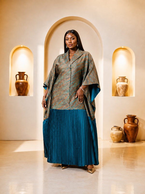 Teal & Gold Brocade Pleated Cape Gown