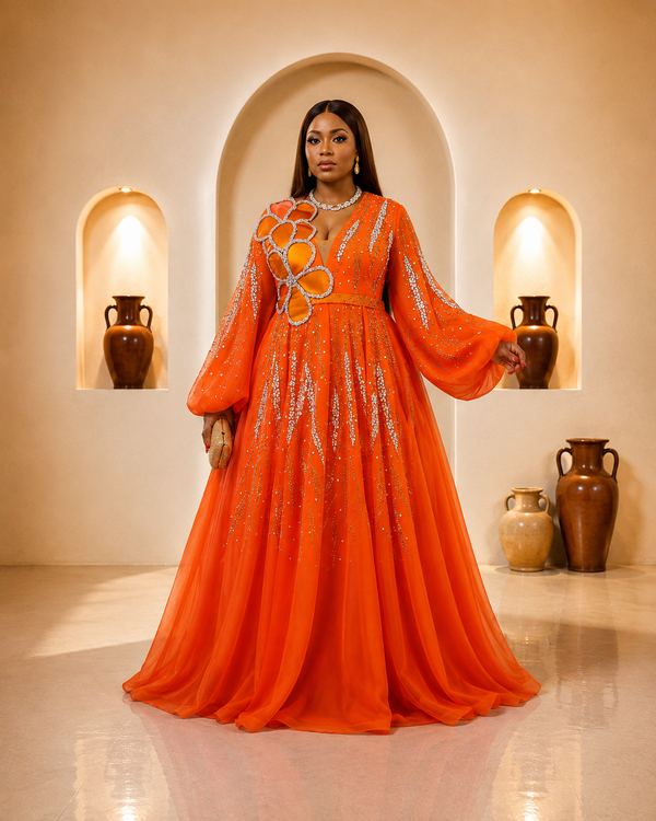 Glamorous Orange Gown in a Grand Archway
