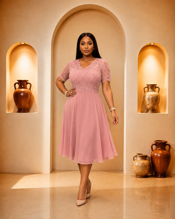 Blush Pink Lace-Bodice Midi/Tea-Length Dress