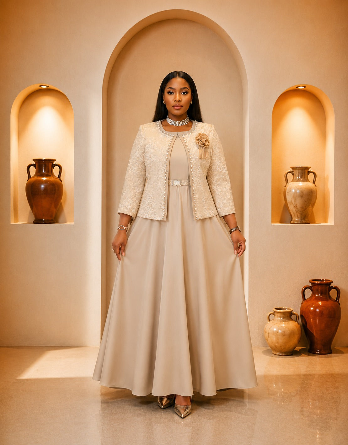 Cream Lace Jacket & Maxi Dress Ensemble