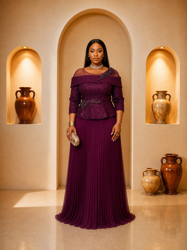 Burgundy Off-Shoulder Pleated Gown
