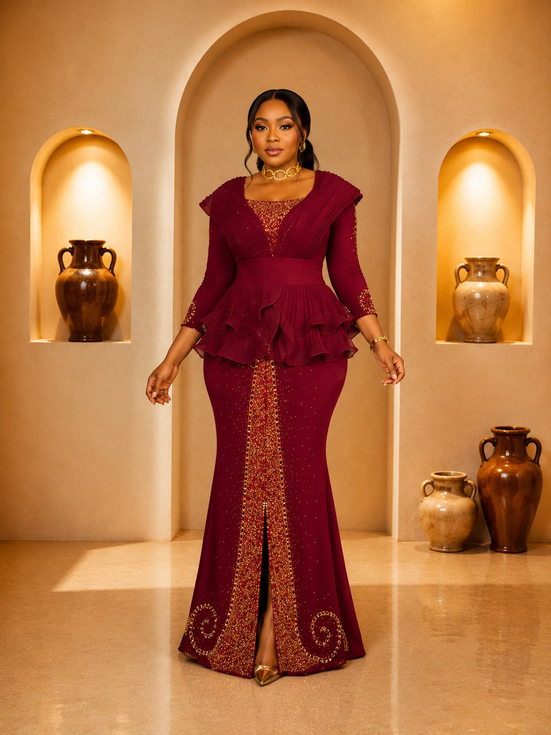 Burgundy Gold Embellished Peplum Mermaid Gown