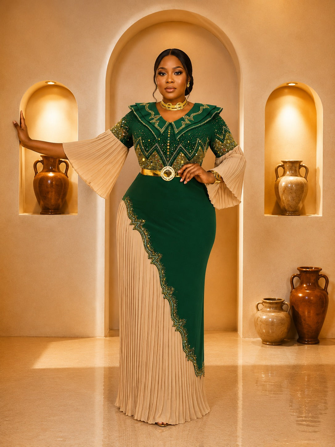 Emerald Green & Champagne Pleated Gown