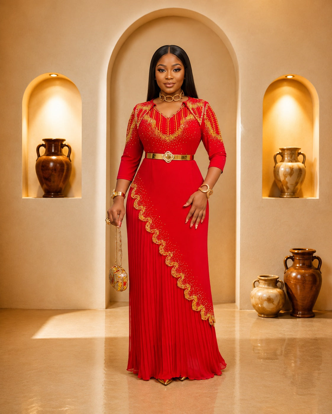 Ruby Red Gold-Embellished Pleated Gown