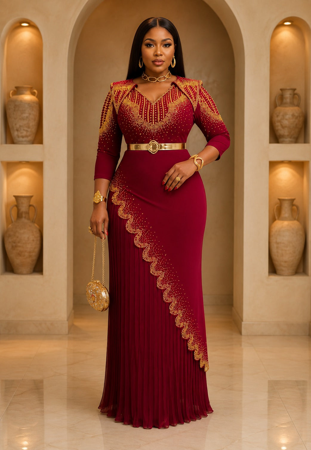 Burgundy Beaded Pleated Evening Gown