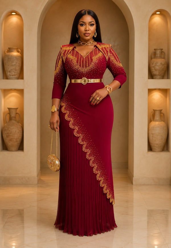 Burgundy Beaded Pleated Evening Gown