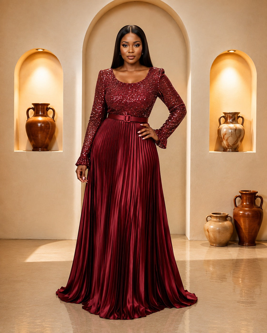 Wine Sequin Bodice Pleated Maxi Gown