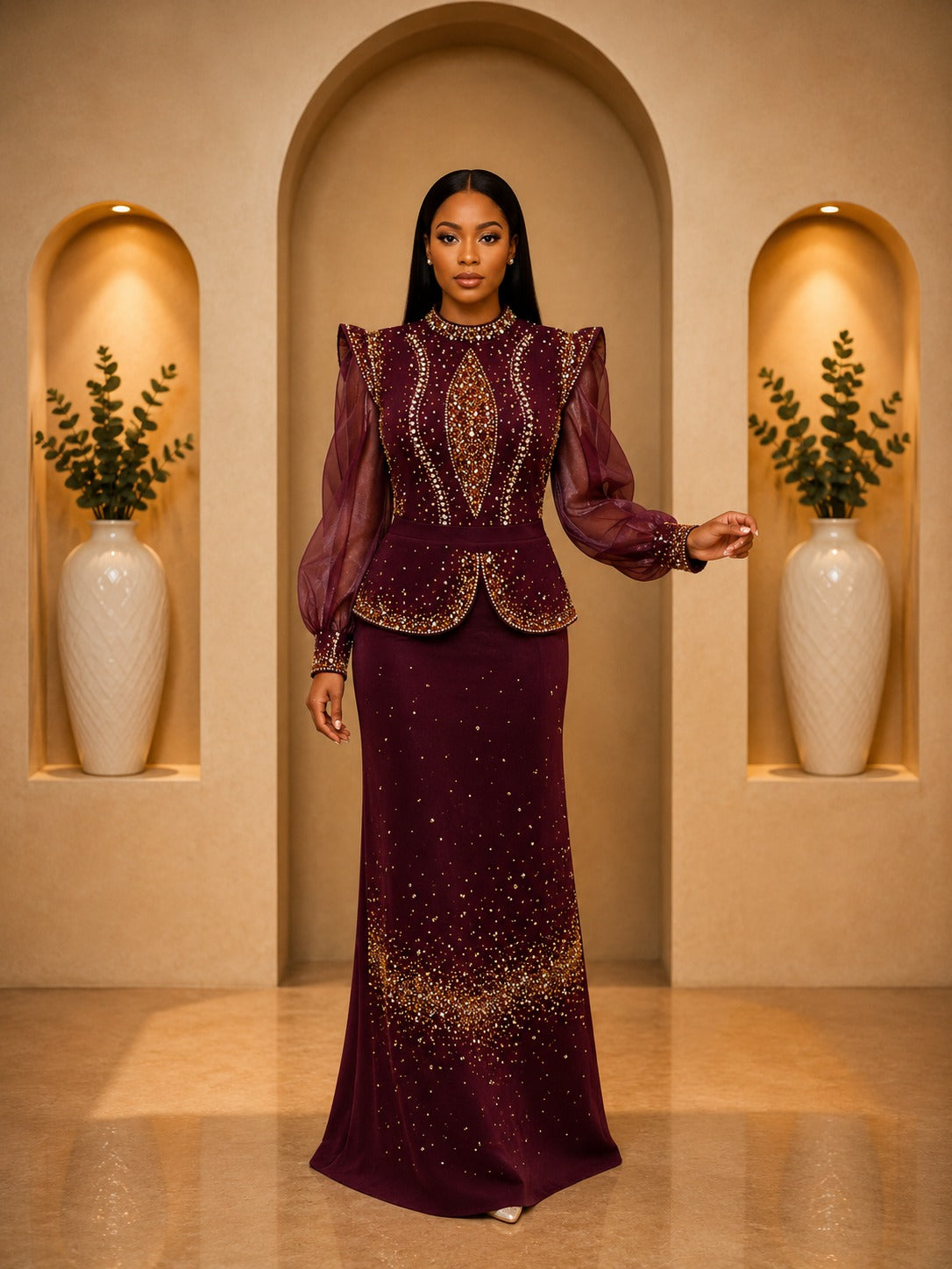 Burgundy Embellished Peplum Gown