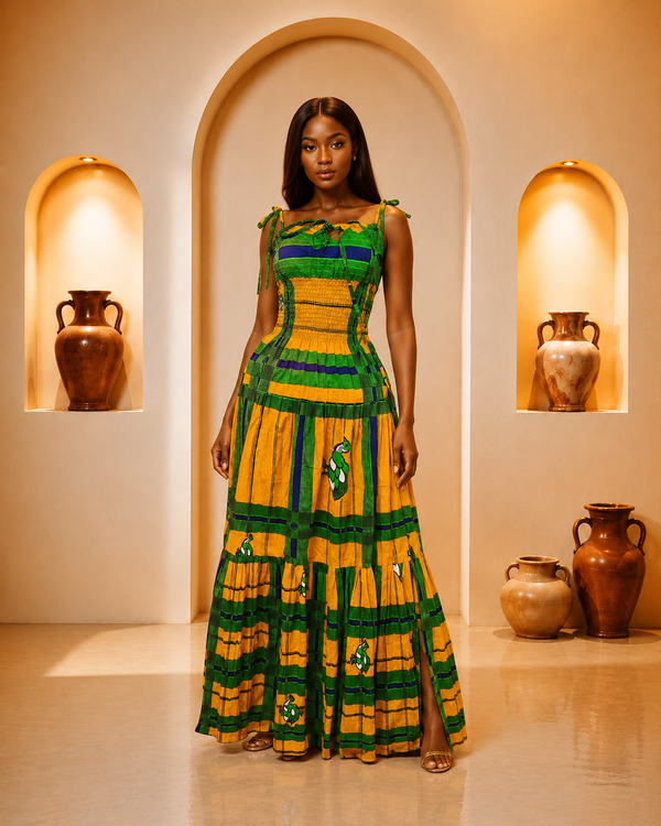 Green & Yellow African Print Tie-Shoulder Maxi Dress